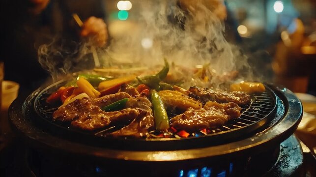 A close-up of a traditional mookata grill sizzling with a variety of meats and vegetables, with drops of condensation and smoke adding to the appetizing atmosphere