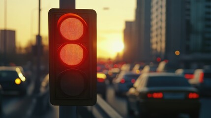 A close-up of a traffic light turning red, with blurred vehicles waiting in the background, emphasizing the halt of movement during peak hours