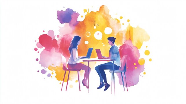 A Watercolor Depiction of Two Individuals Engaging in Collaborative Work on Laptops, Highlighting Modern Communication in a Vibrant, Abstract Setting