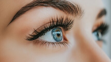 Obraz premium A close-up of a woman's eyes with a focus on natural beauty, highlighting her eyelashes and the subtle emotions conveyed through her gaze