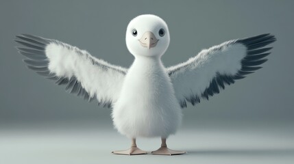 Fototapeta premium A cute cartoon bird with big eyes stands with its wings outstretched.
