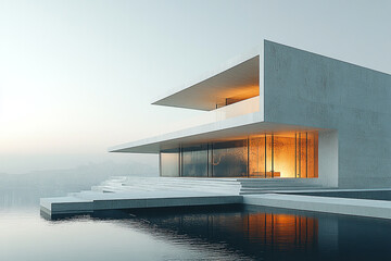 Fototapeta premium Modern Lakeside Concrete House Minimalist Design