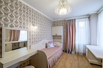 interior room apartment bedroom with bed, cozy place to sleep and relax