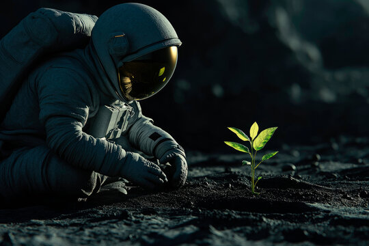 Astronaut exploring an alien planet, looking at green plant . Space colonization concept.