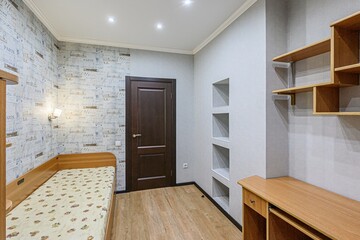 interior room apartment bedroom with bed, cozy place to sleep and relax