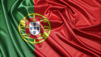Close-up view of Portugal's national flag, showcasing its distinctive red, green, and gold colors