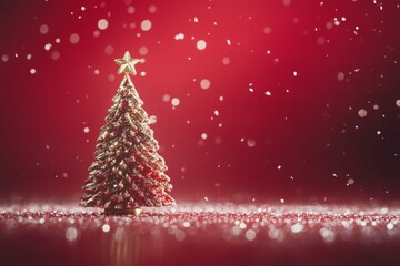 A Christmas tree against a red background, with a bokeh effect and ample space for text