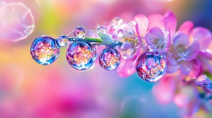 Dewdrops Reflecting Vibrant Pink Flowers In Macro Shot