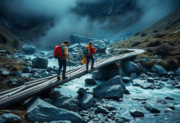 Hikers on Log Bridge, Rustic Log Bridge, Mountain Valley Adventure, Rocky Stream Crossing, Backpackers in Nature, Outdoor Adventure Hiking, Mountain Stream Bridge, Hiking in the Mountains, 
