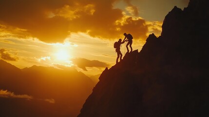 Two climbers silhouetted against a vibrant sunset, ascending a challenging mountain peak, demonstrating teamwork and perseverance.