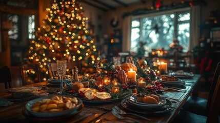 Fototapeta premium Cozy Christmas Dinner Setting with Warm Food and Beautiful Table Arrangements