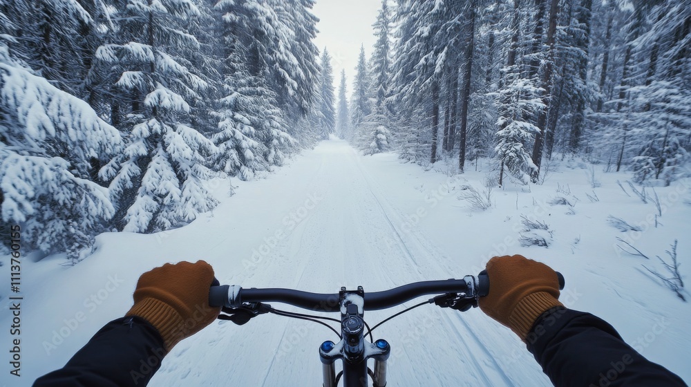 Poster riding a bike along a snowy path surrounded by tall trees, showcasing a serene winter landscape. the