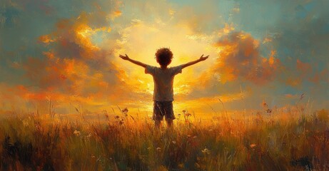 Thankful Girl Praising the Lord at Sunrise in Serene Landscape