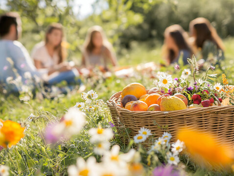 Grupa przyjaci&oacute;ł urządza piknik na kwitnącej łące, z wiklinowym koszem, świeżymi owocami i polnymi kwiatami.