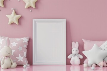 Mockup of a white frame on a pink wall with a pink and white bunny. pillows. and stars