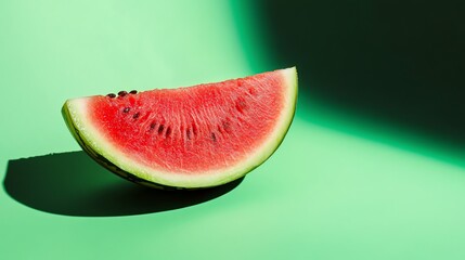 A slice of watermelon on a green background.
