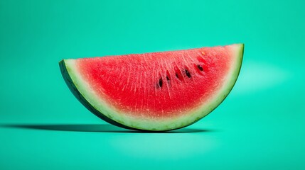 A slice of watermelon against a bright teal background.