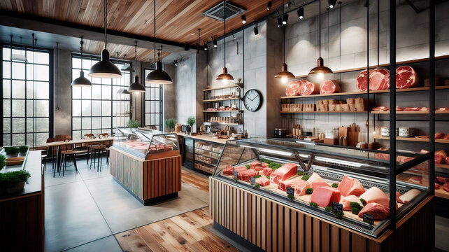 Modern butcher shop interior featuring fresh meat displayed in glass cases, wooden counters, and stylish industrial lighting for a clean, inviting setting
