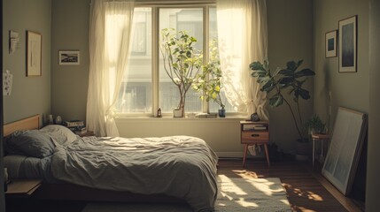 Sunlit Bedroom With Plants And Minimalist Decor