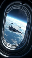 Naklejka premium Spaceships, view from the window of the space station to the Earth