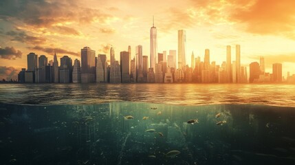 Obraz premium A futuristic cityscape on the horizon, half submerged in water with fish swimming below and a dramatic sky above