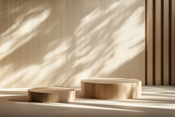 Minimalistic danish style, set of Luxuries podiums for branding and product presentation. Natural color podiums, copyspace, natural lighting with shadows