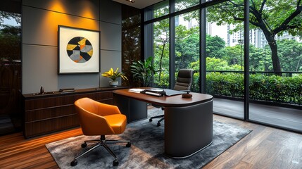 Fototapeta premium Modern Office Interior with Stylish Furniture and Large Windows Overlooking Lush Greenery