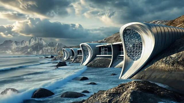 A futuristic flood defense system being constructed along a vulnerable coastline, featuring advanced materials and technologies designed to adapt to changing sea levels.