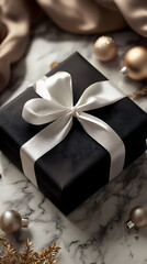Elegant black gift box with white ribbon on marble surface, surrounded by gold ornaments.