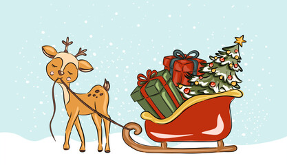 Hand drawn Christmas reindeer pulling a sleigh filled with colorful presents and a decorated Christmas tree vector illustration