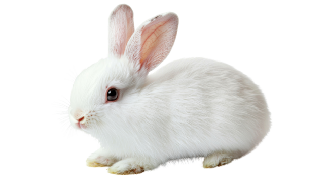 A fluffy white rabbit with large ears sits quietly, showcasing its delicate features and soft fur.
