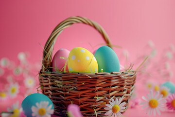 Colorful Easter Eggs in a Wicker Basket Surrounded by Daisies