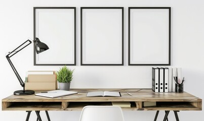 Minimalist home office desk with three blank picture frames. lamp. laptop. plant. and office supplies