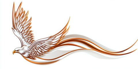 Obraz premium Golden flying eagle logo on white background. Linear emblem with artistic outline. Bird of prey with spread wings. Abstract waves. Generated by AI