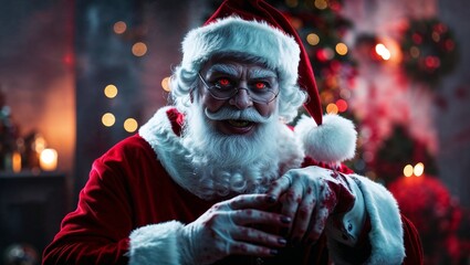 A terrifying Christmas portrait of an evil Santa with glowing red eyes, wearing dirty, bloodstained gloves, exuding an unholy and sinister vibe