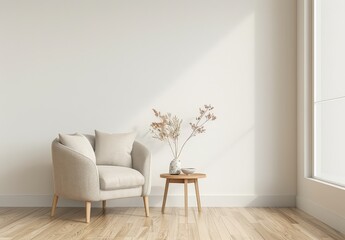 Minimalist living room with a beige armchair. wooden side table. dried flowers in a vase and a window
