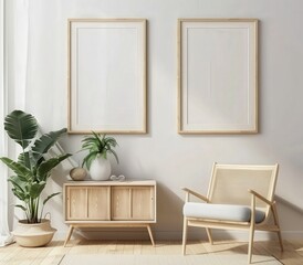 Minimalist living room interior with two empty frames. a wooden cabinet. a wicker armchair. and potted plants