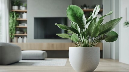 Fototapeta premium Green Plant In White Pot Modern Living Room Decor
