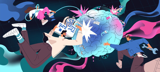 Concept of brain work. Development of artificial intelligence. Pumping of cognitive skills, improve of knowledge, learning. Mind inside human head. Mental processes, memory. Flat vector illustration