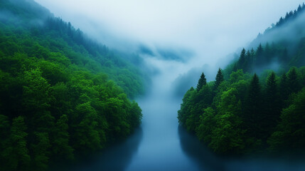 serene landscape featuring misty river surrounded by lush green forests, creating tranquil and peaceful atmosphere.