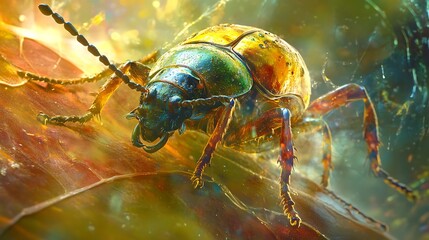 Naklejka premium Golden Beetle Resting On Autumn Leaf Surface