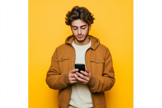 A young boy in casual clothes is standing and looking at a mobile phone