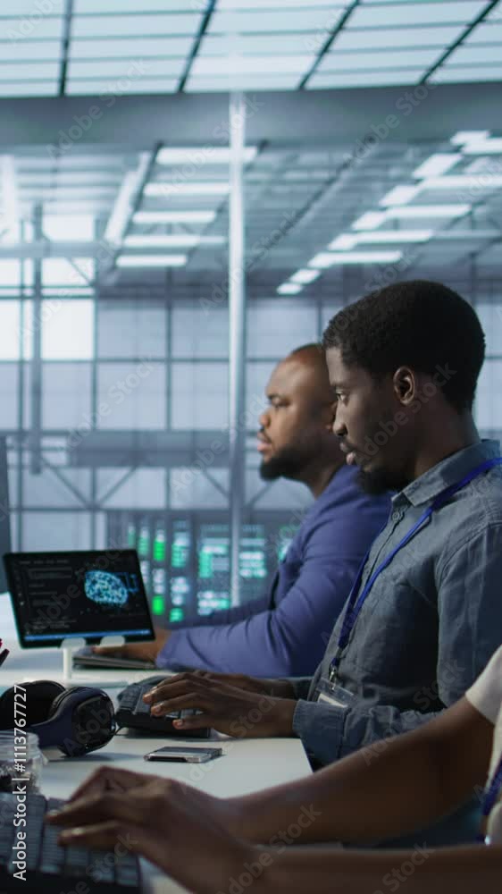 Poster vertical video computer scientists in data center implementing ai predictive maintenance systems. se
