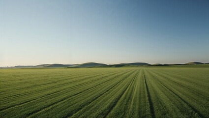 Obraz premium landscape photograph featuring a vast, open field of lush green grass in the foreground, extending towards the horizon.