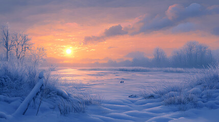 Frosty winter landscape with trees on the meadow at sunset, Breathtaking panoramic view of snow-covered field after a blizzard. Lapland, Finland, Sunset, setting sun, golden light, Winter wonderland
