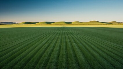 Obraz premium landscape photograph featuring a vast, open field of lush green grass in the foreground, extending towards the horizon.