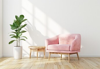 A pink armchair with wooden legs and a round wooden side table in a bright living room with a large potted plant in the corner