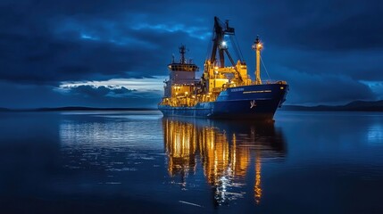 Fototapeta premium A dramatic nighttime shot of a cargo ship illuminated by port lights, with the reflection of the vessel on the water, creating a captivating maritime scene