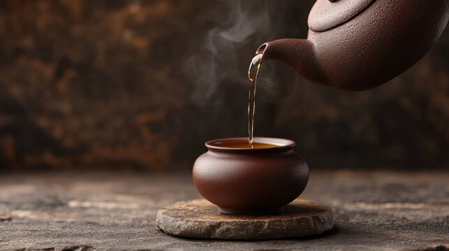 horizontal photo, of the clay teapot tea flow in cup on brown background, tea ceremony