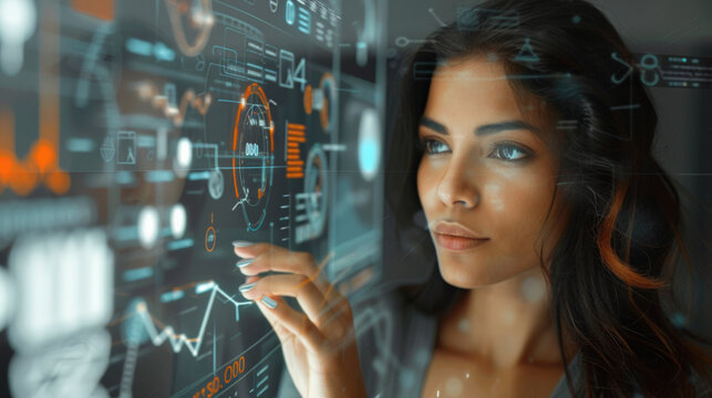 Portrait einer junge ,attraktive Datenanalystin, sie arbeitet an einem interaktiven Touchscreen an visualisierten digitalen Daten. Die Kamera blickt durch ein transparentes Display.